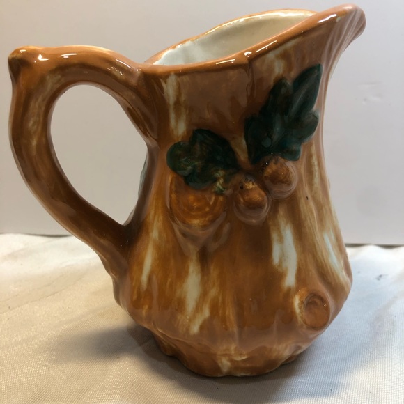 Vintage Pottery Tree Stump Bark Mushrooms Pitcher hand made signed - Picture 3 of 13